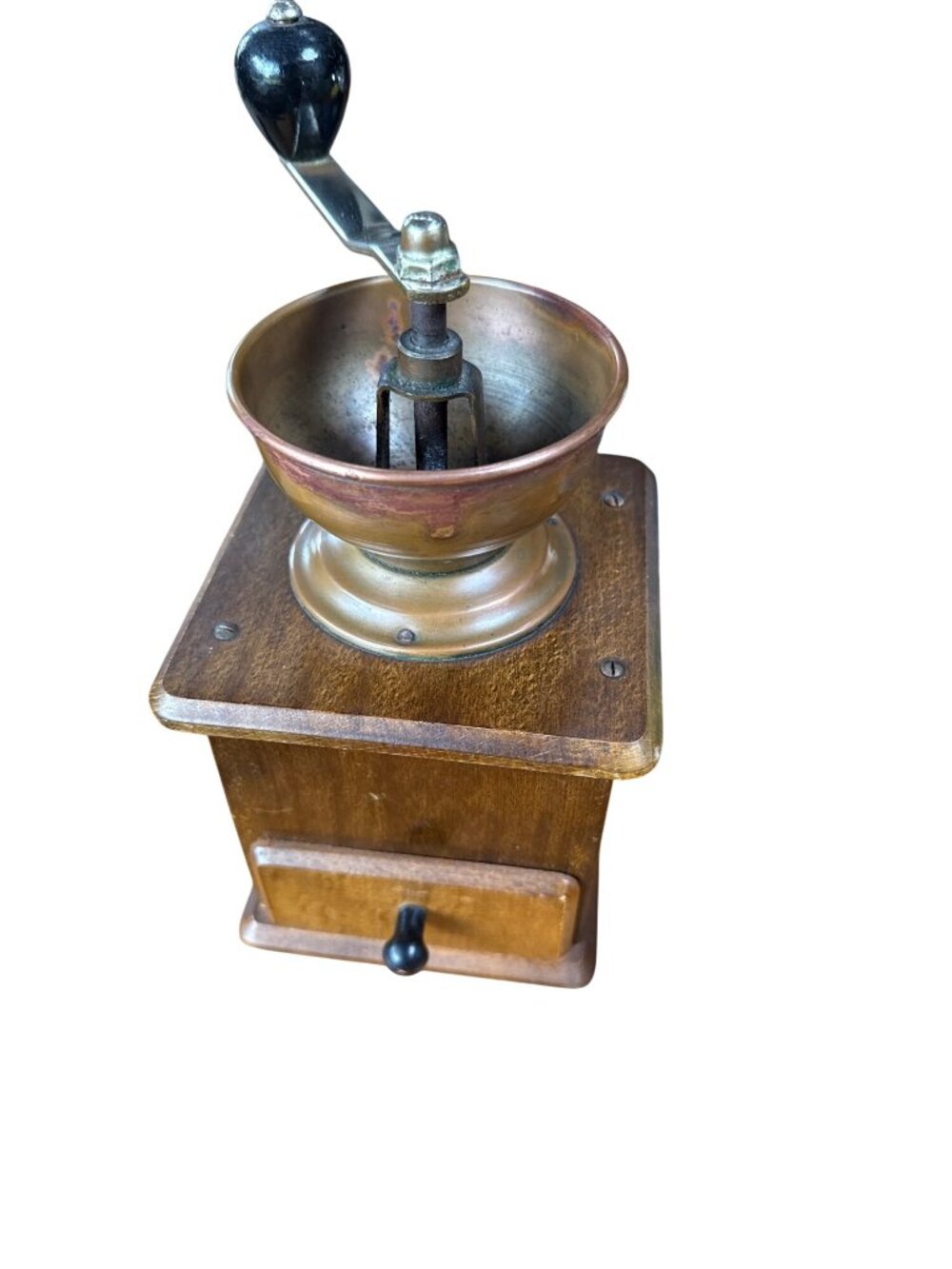 Vintage Wooden Coffee Grinder With Brass Bowl & Drawer Made In Western Germany